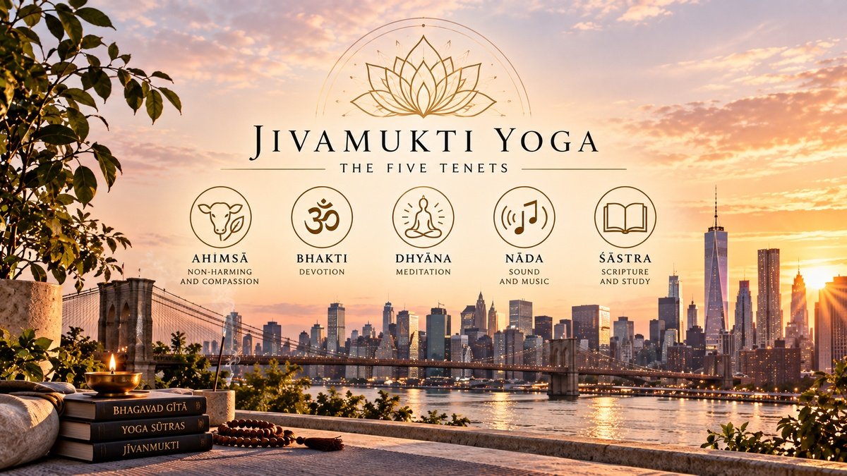 Jivamukti Yoga Five Tenets — ahimsa, bhakti, dhyana, nada and shastra — illustrated against the New York City skyline.