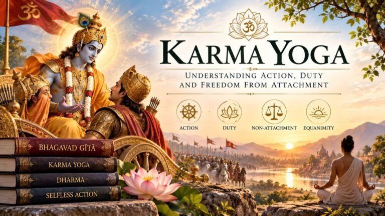 Karma Yoga illustration representing action, dharma, non-attachment and the Bhagavad Gita teaching of acting without attachment to results.