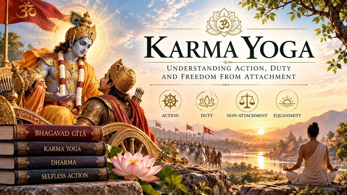 Karma Yoga illustration representing action, dharma, non-attachment and the Bhagavad Gita teaching of acting without attachment to results.