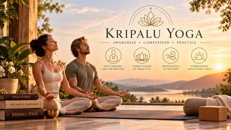 Woman and man practising Kripalu Yoga meditation together in a peaceful setting.