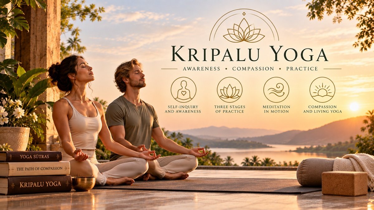 Woman and man practising Kripalu Yoga meditation together in a peaceful setting.