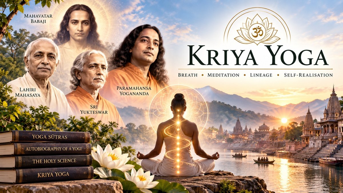 Kriya Yoga illustration representing Mahavatar Babaji, Lahiri Mahasaya, Sri Yukteswar and Paramahansa Yogananda with meditation and pranayama.