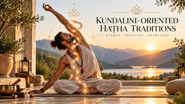 Man practising Kundalini-oriented Haṭha Yoga with symbolic imagery representing kundalini and the subtle body.