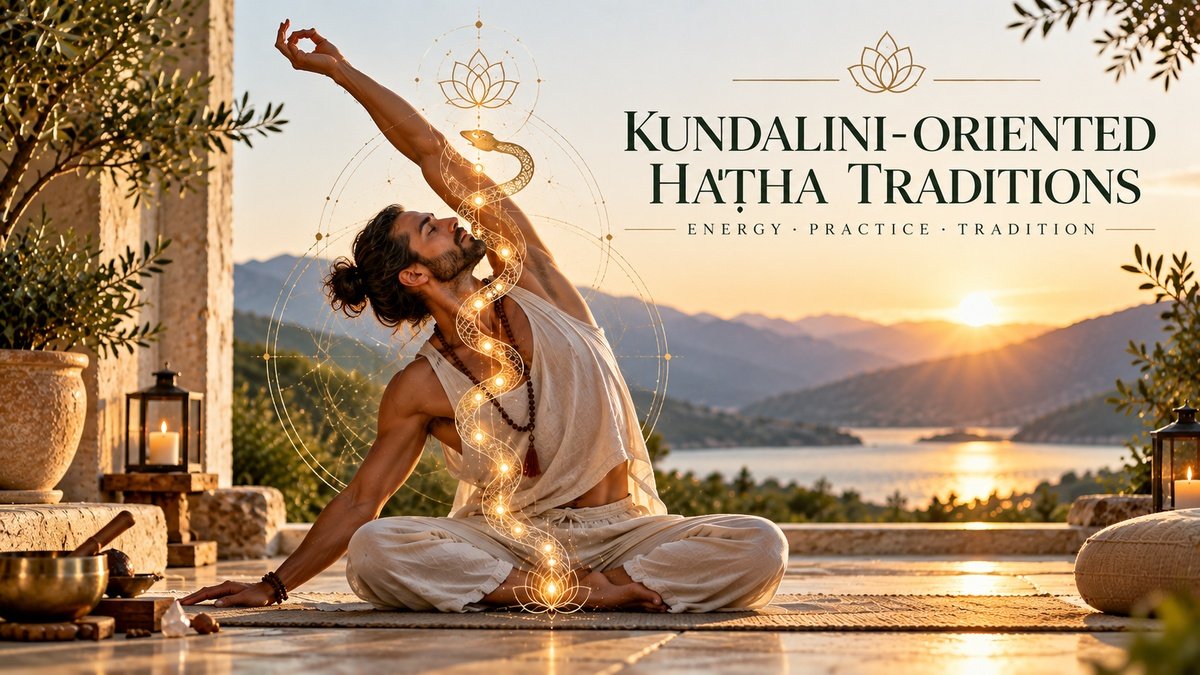 Man practising Kundalini-oriented Haṭha Yoga with symbolic imagery representing kundalini and the subtle body.