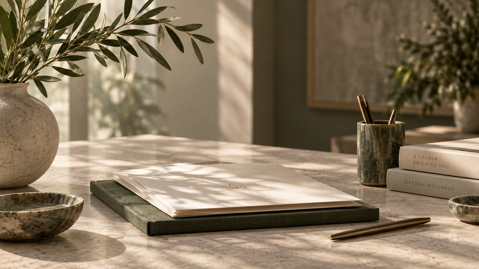 Orenna Wellness legal documents on an olive-green folder, arranged with a brass pen and natural botanical details.