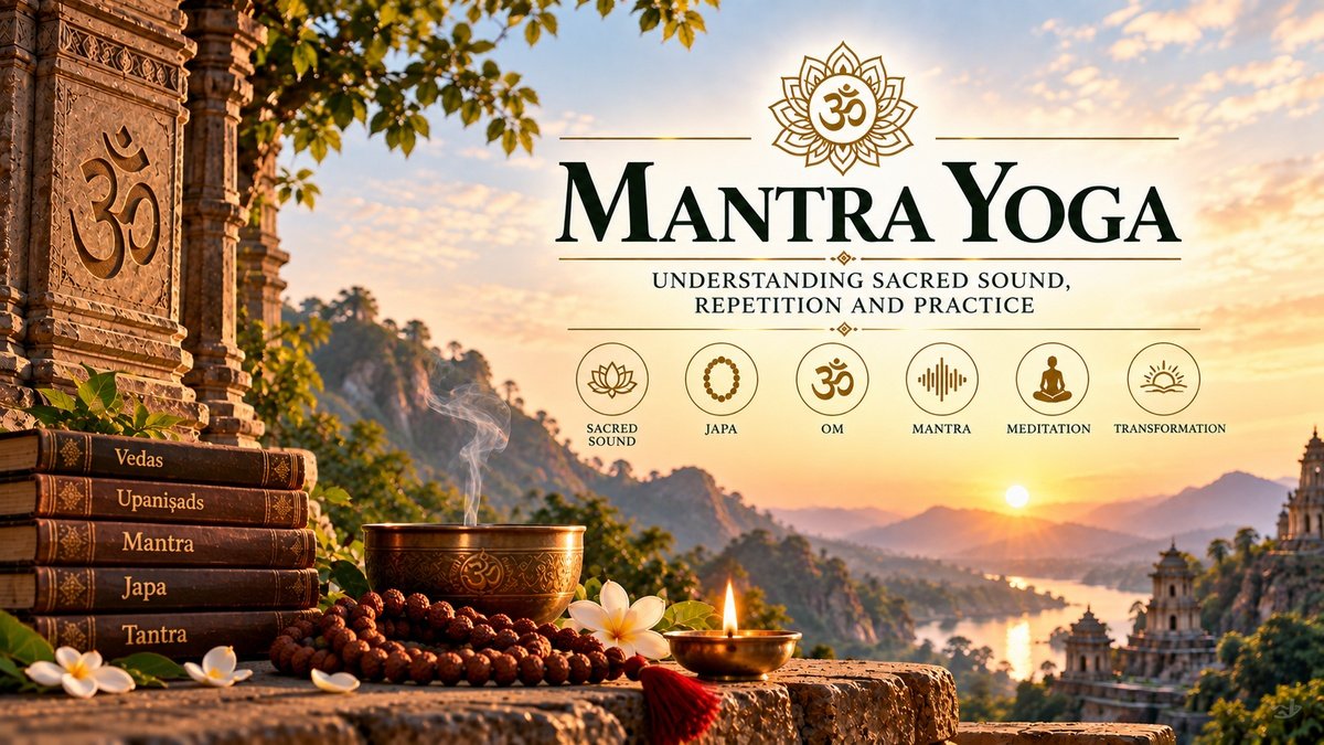 Mantra Yoga illustration representing sacred sound, japa, Om, mantra repetition and meditation within Indian contemplative traditions.