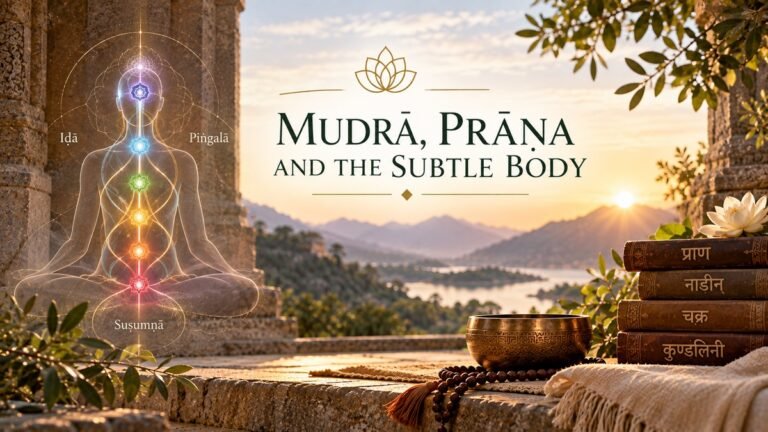 Mudra and Prana illustration representing chakras, nadis and the subtle body within traditional yoga.