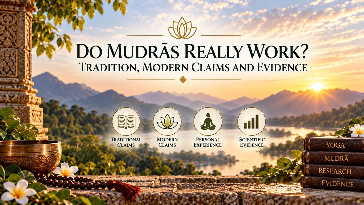 Mudra benefits feature image exploring traditional practice, modern claims and evidence without depicting a practitioner.