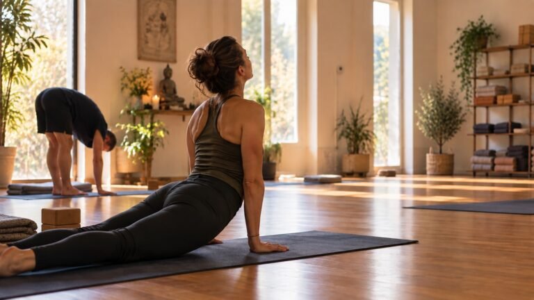Woman practising Mysore Style Ashtanga while another practitioner follows his own practice in a quiet yoga studio.