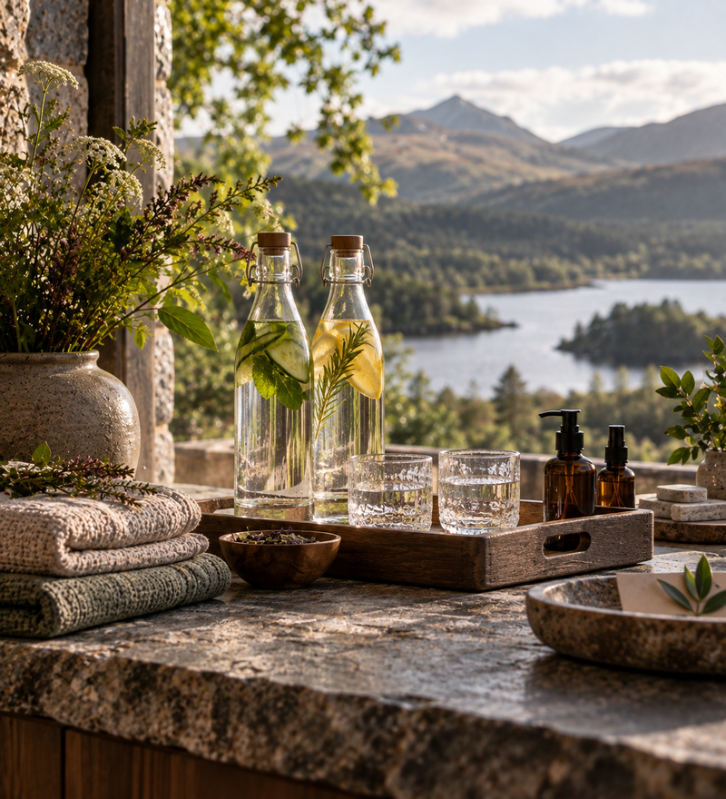 Reusable glassware and refillable products at Orenna Wellness in the Scottish Highlands