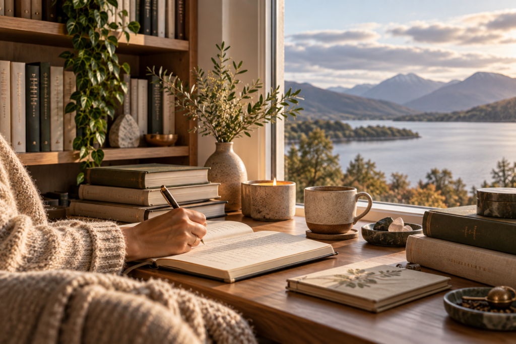 Writer journalling beside books overlooking a Highland loch and mountains.