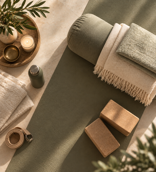 Restorative yoga props prepared for a private yoga experience in Inverness
