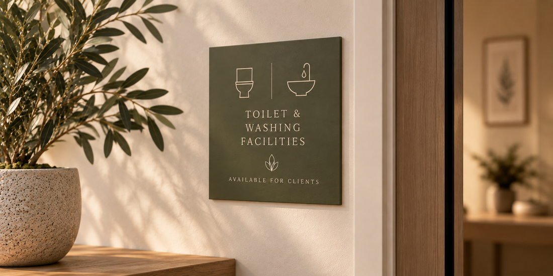 Conceptual editorial image for the Toilet & Washing Facilities section of the Orenna Wellness Guest Information page. An olive-green sign with toilet and handwashing symbols is displayed against a warm cream wall beside a leafy plant. The sign states that toilet and washing facilities are available for clients. The restrained composition reflects Orenna’s visual identity without depicting or making claims about the actual facilities.