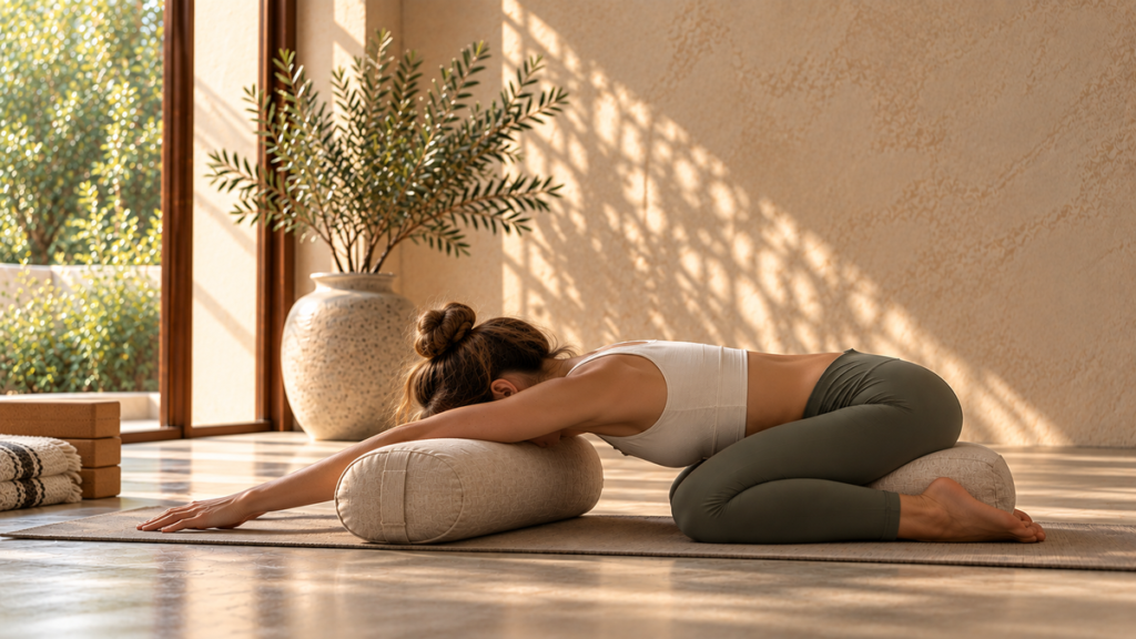 Yin Yoga practitioner resting in a supported child’s pose with bolsters in a calm, sunlit studio.