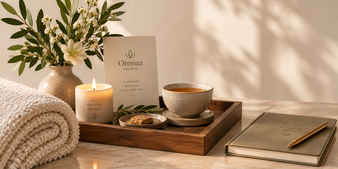 Herbal tea and a welcome card arranged on a wooden tray beside a folded ivory blanket, flowers and a journal