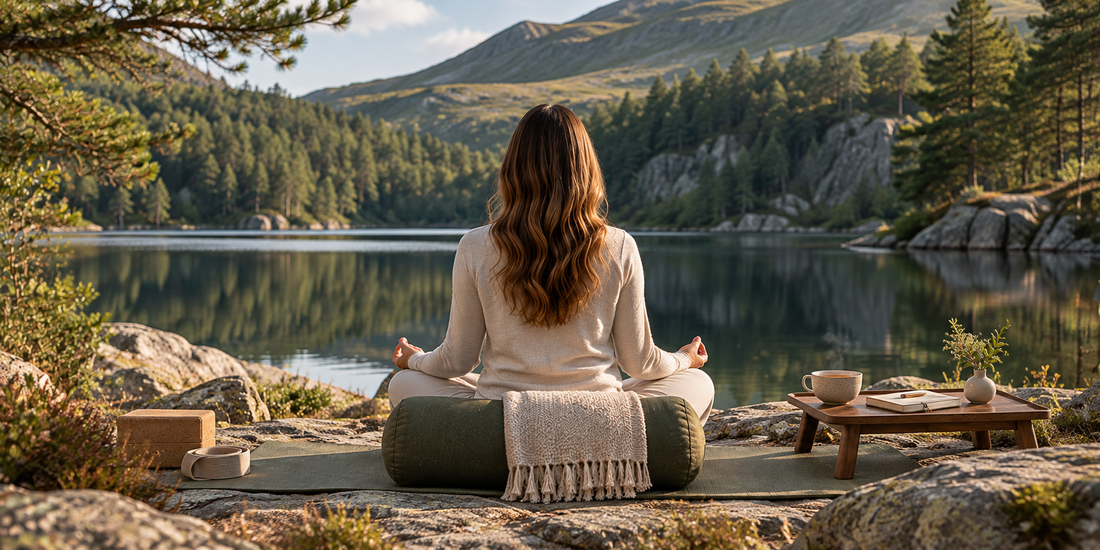 Woman seated comfortably on a yoga bolster beside a tranquil mountain lake, with a cup of tea and journal on a low wooden table.