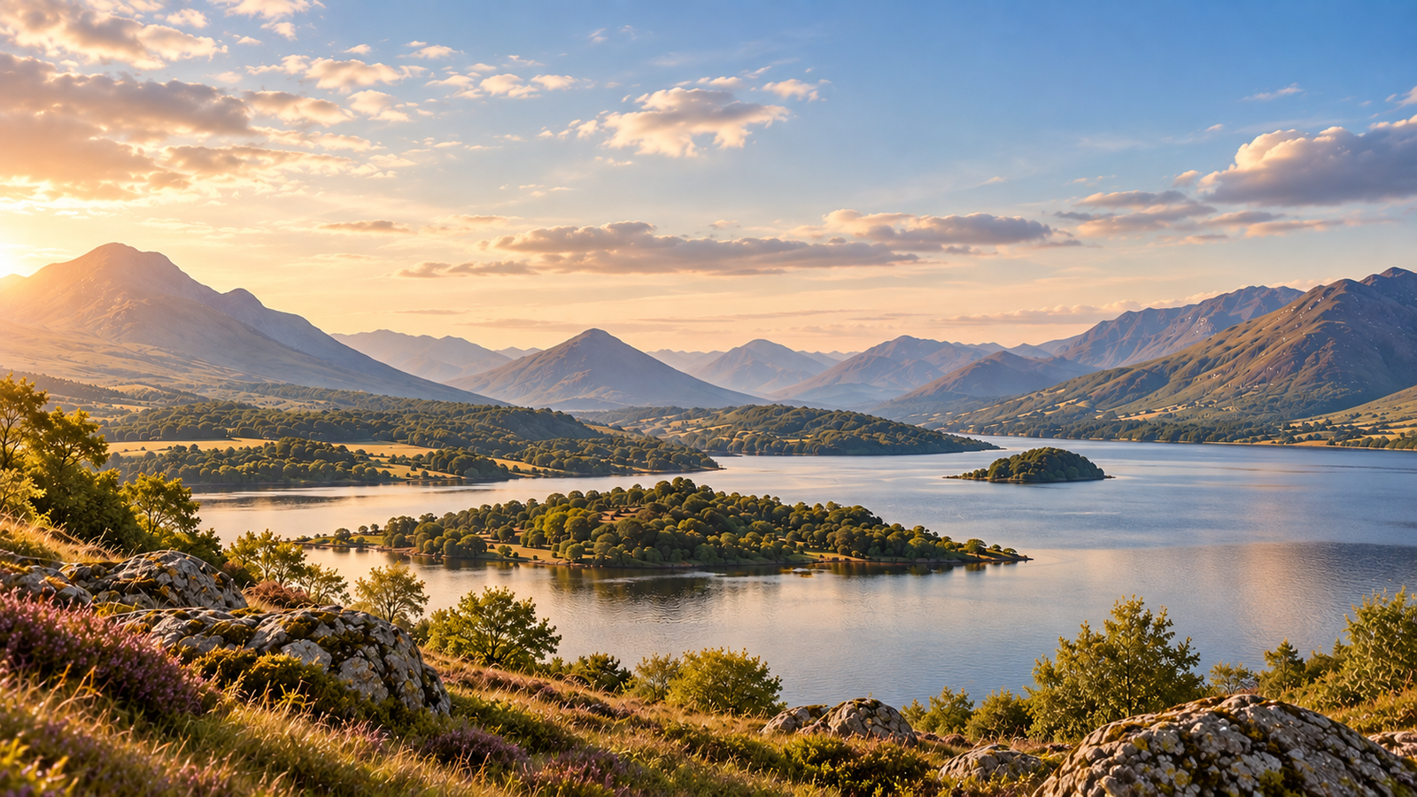 Panoramic Scottish Highland landscape with a tranquil loch, wooded islands and mountains beneath a clear blue sky.