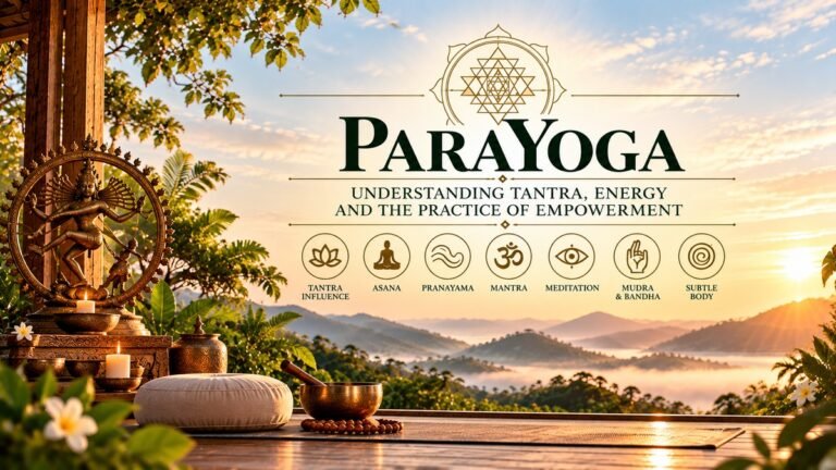 ParaYoga illustration representing Tantra, asana, pranayama, mantra, meditation, mudra, bandha and subtle-body practice.