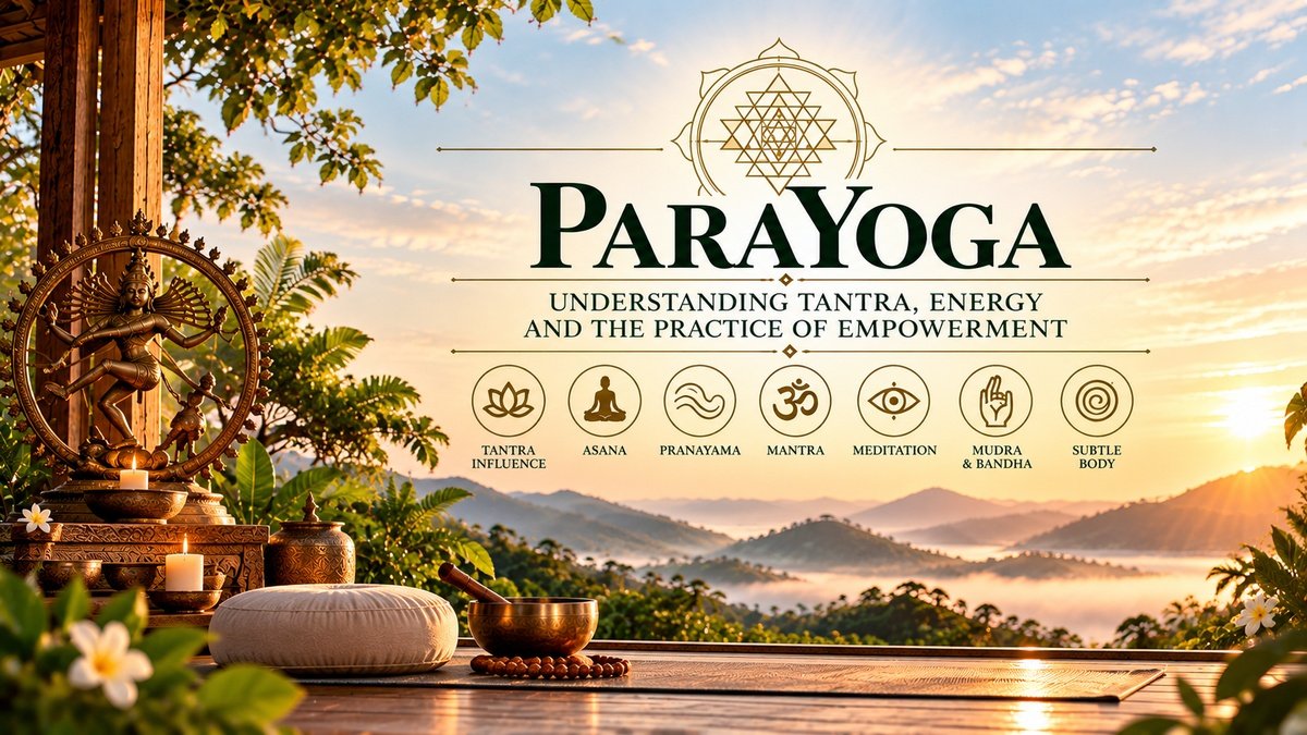 ParaYoga illustration representing Tantra, asana, pranayama, mantra, meditation, mudra, bandha and subtle-body practice.