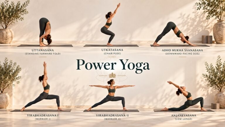 Power Yoga poses including forward fold, chair pose, downward-facing dog, Warrior I, Warrior II and low lunge.