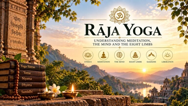 Raja Yoga illustration representing meditation, the mind, the eight limbs, samadhi and liberation within the tradition associated with Patanjali.