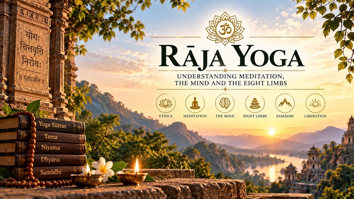 Raja Yoga illustration representing meditation, the mind, the eight limbs, samadhi and liberation within the tradition associated with Patanjali.