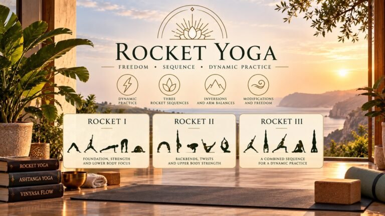 Rocket Yoga infographic showing Rocket I, Rocket II and Rocket III sequences in a yoga practice setting.