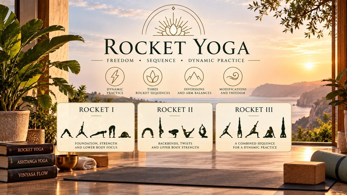 Rocket Yoga infographic showing Rocket I, Rocket II and Rocket III sequences in a yoga practice setting.