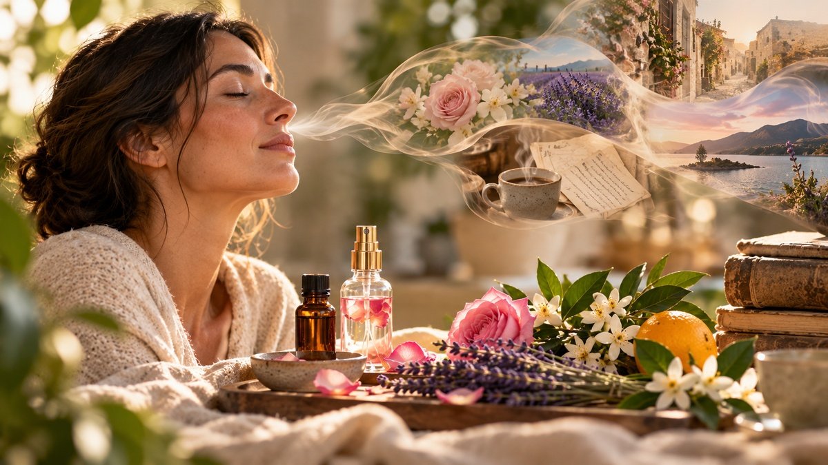 Scent and memory represented by a woman experiencing botanical aromas alongside imagery of flowers, places and remembered moments.