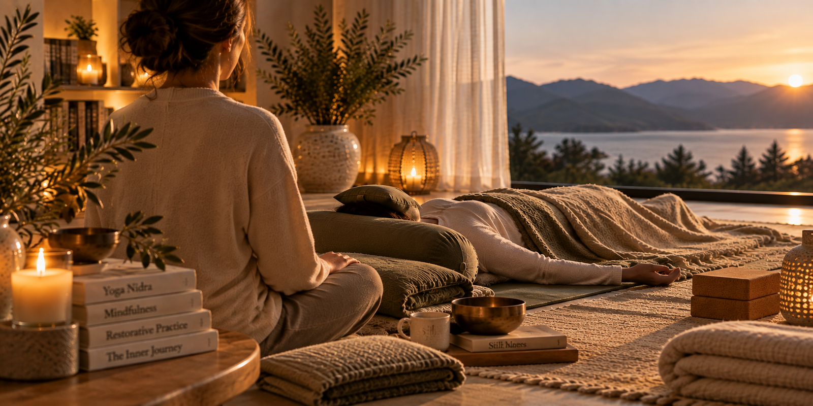 Yoga Nidra guide seated beside a reclining guest during private guided meditation, with supportive bolsters, soft blankets and warm lighting.