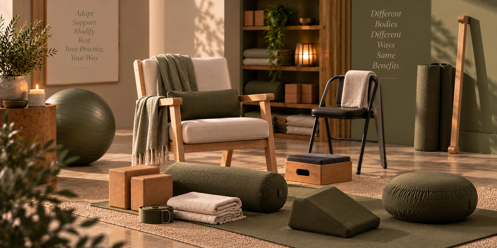 Two chairs and a selection of yoga bolsters, blankets, cork blocks and cushions arranged for adaptable chair yoga practice.
