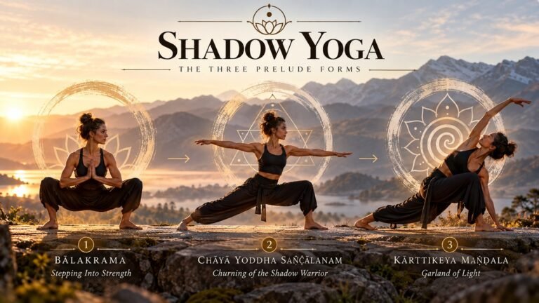 Shadow Yoga illustration showing the three Prelude Forms: Balakrama, Chaya Yoddha Sanchalanam and Karttikeya Mandala.