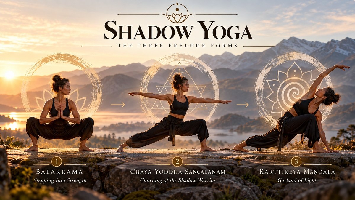 Shadow Yoga illustration showing the three Prelude Forms: Balakrama, Chaya Yoddha Sanchalanam and Karttikeya Mandala.