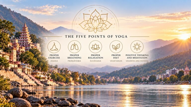 Sivananda Yoga Five Points of Yoga illustrated against a peaceful Rishikesh-inspired Himalayan riverside landscape.