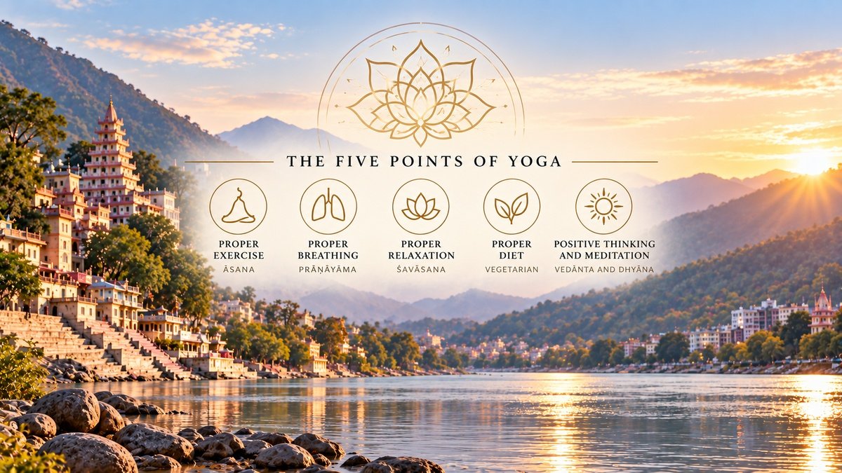 Sivananda Yoga Five Points of Yoga illustrated against a peaceful Rishikesh-inspired Himalayan riverside landscape.