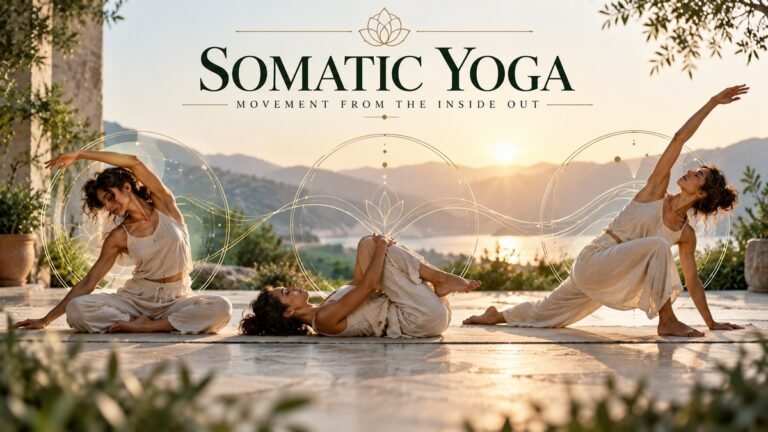 Somatic Yoga illustration showing slow, exploratory movement and sensory awareness through three gentle movement variations.