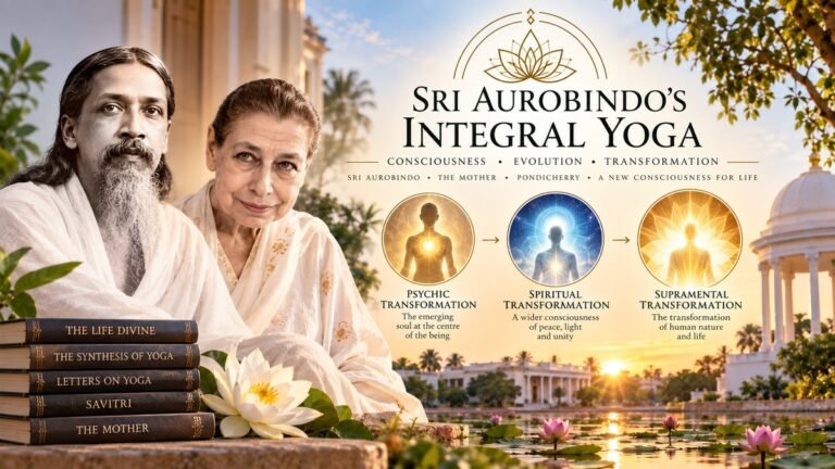 Sri Aurobindo Integral Yoga illustration with Sri Aurobindo and The Mother representing psychic, spiritual and supramental transformation.