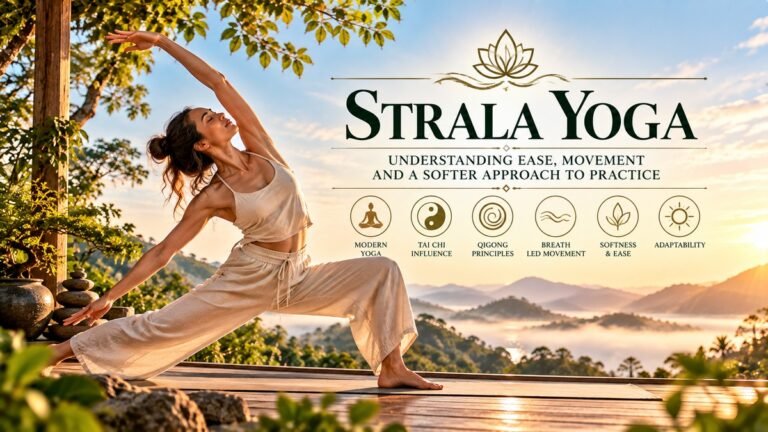 Strala Yoga practitioner moving fluidly outdoors, representing modern yoga, Tai Chi and Qigong influences, breath-led movement, softness and adaptability.