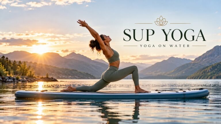 Woman practising SUP Yoga in a low lunge on a stand-up paddleboard on a calm mountain lake.