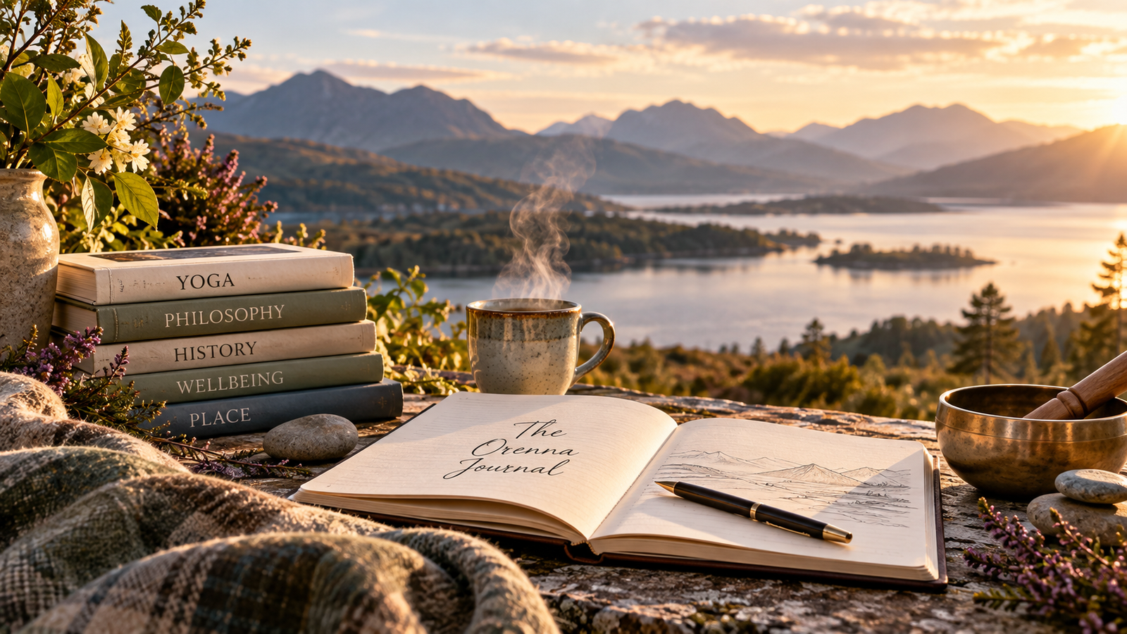 The Orenna Journal open beside books on yoga, philosophy, history, wellbeing and place overlooking a Scottish Highland landscape.