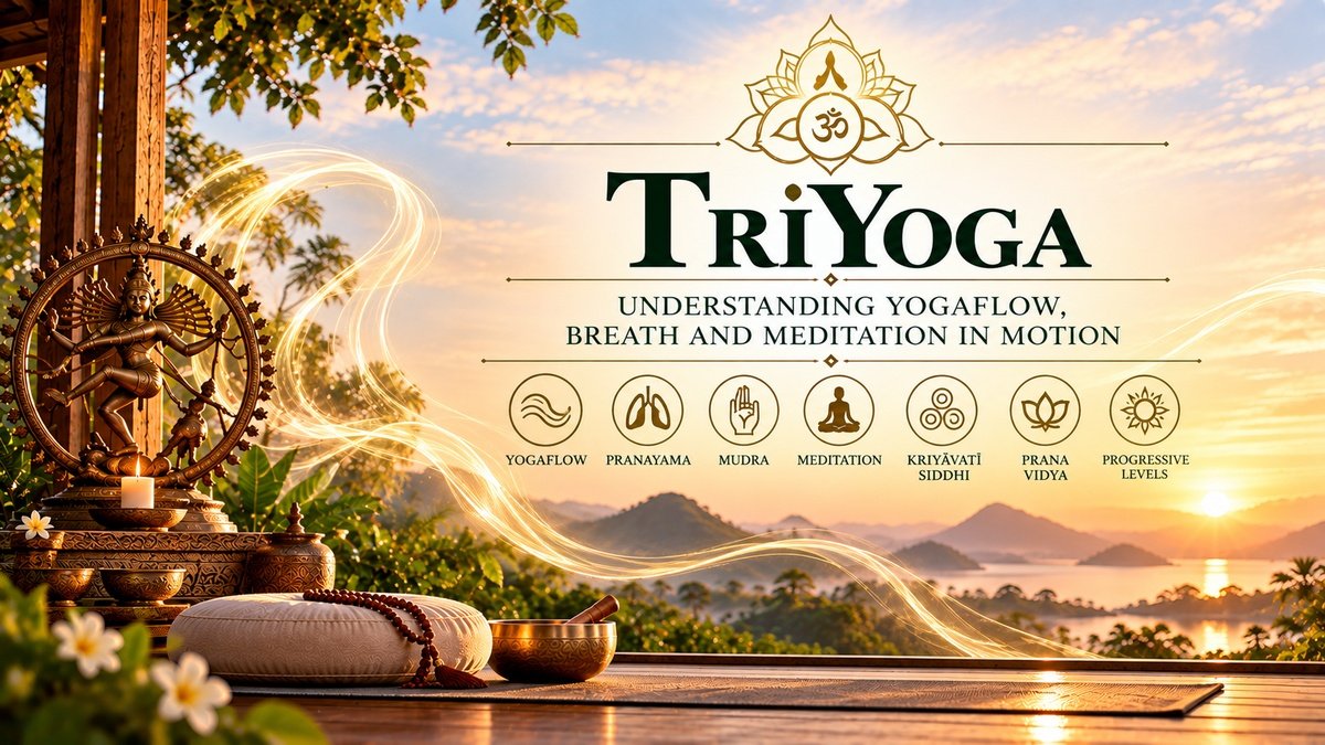 TriYoga illustration representing Yogaflow, pranayama, mudra, meditation, kriyavati siddhi and Prana Vidya.