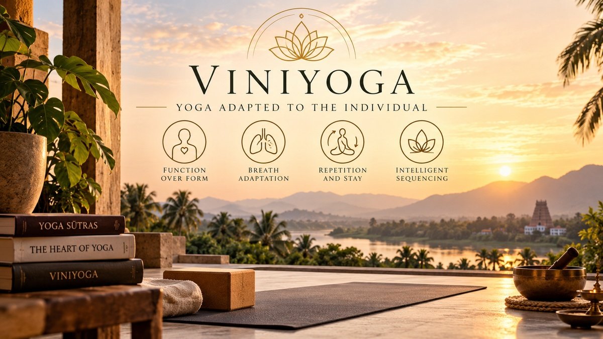 Viniyoga principles of function over form, breath adaptation, repetition and stay, and intelligent sequencing.