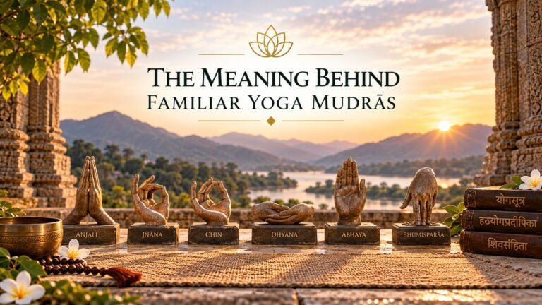 Yoga Mudras represented by familiar hand gestures including Anjali, Jnana, Chin, Dhyana, Abhaya and Bhumisparsha.